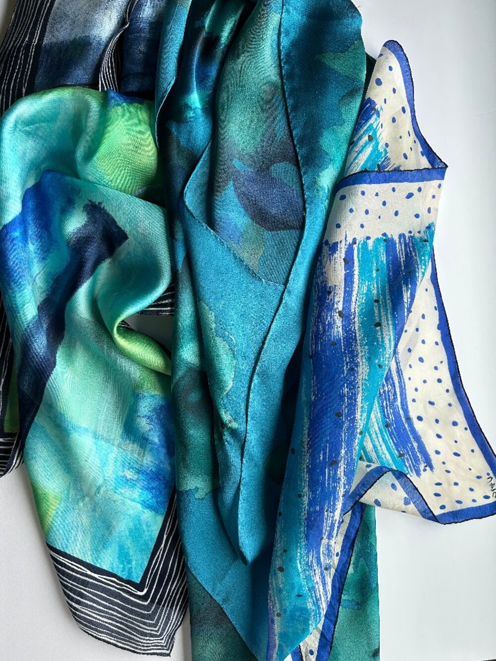 Beautiful Lot of 3 Silk Scarves: VERA & others Blues/Greens Ocean Summer Fashion